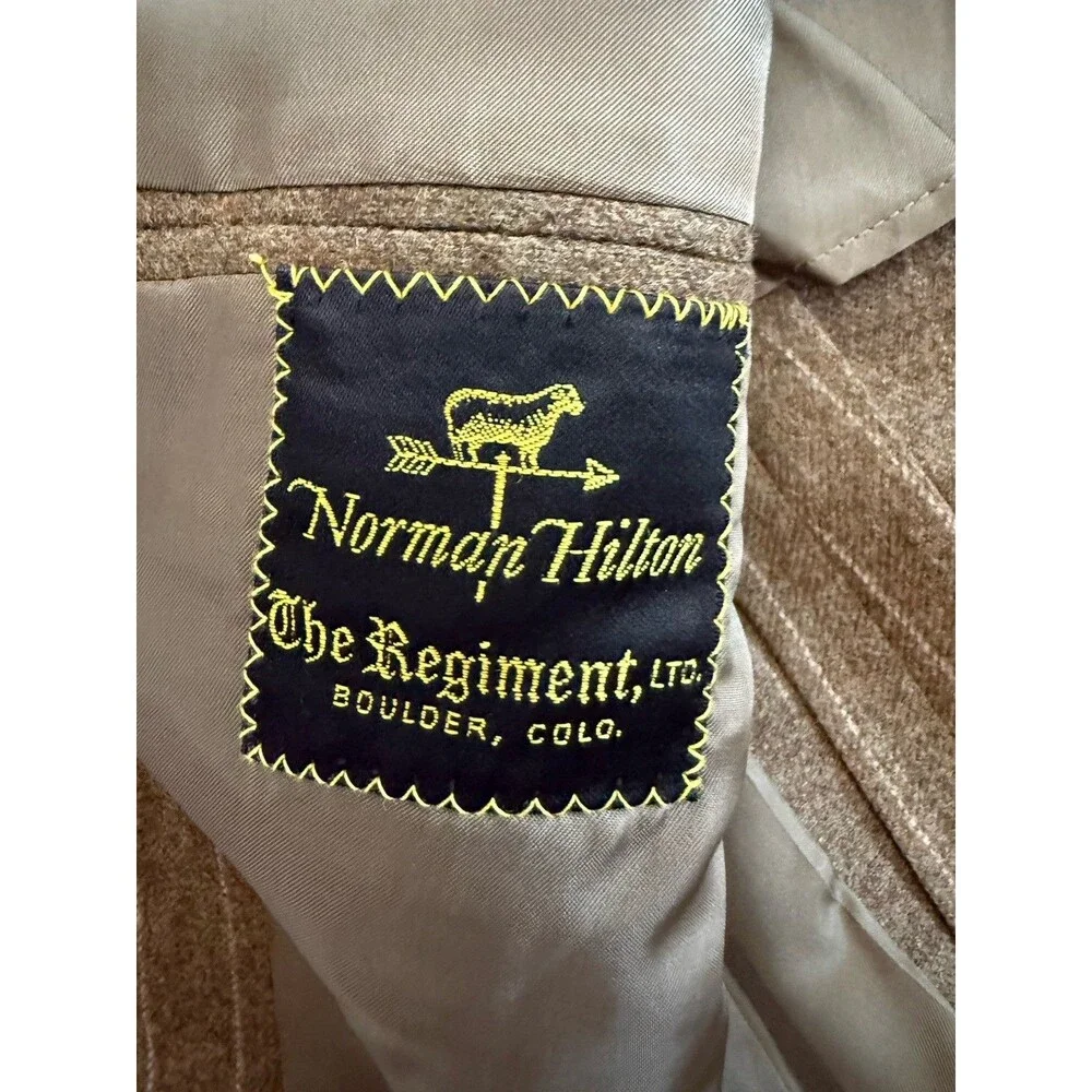 Vintage Norman Hilton 2 Piece Suit 38R 30x29 Olive Pin Stripe Wool Blazer 70s